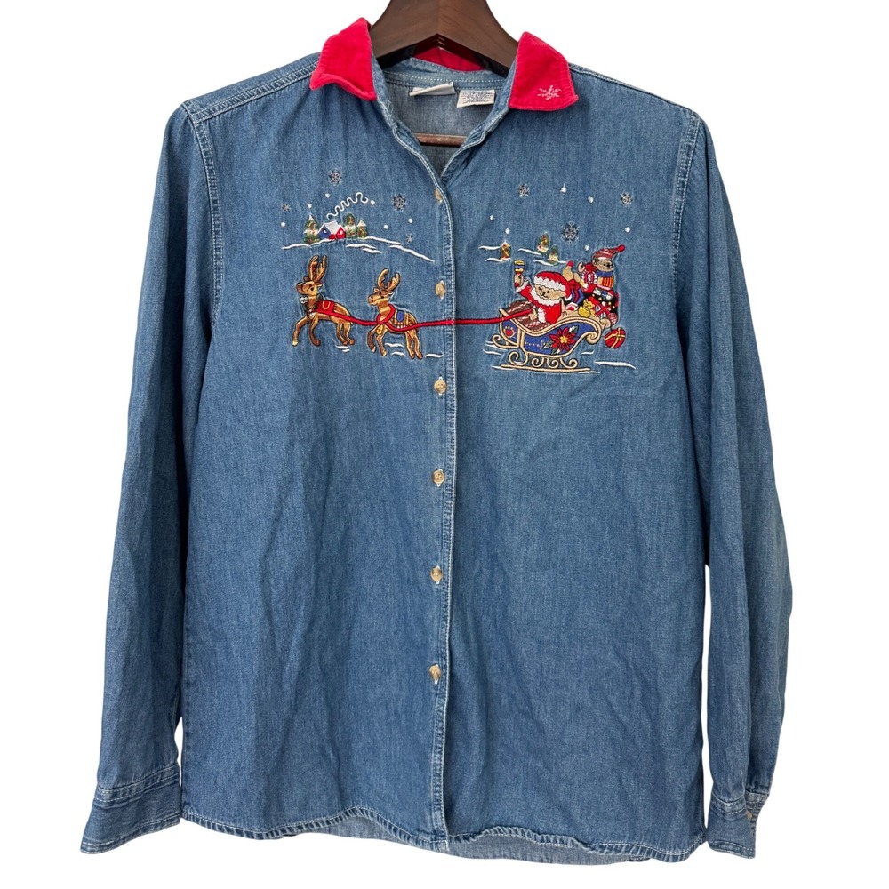 Bobbie Brooks Denim Christmas Embroidered Velvet Collar Long Sleeve Shirt Size M